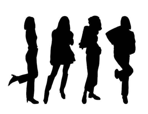 Vector silhouettes of four young flirty girls models posing in street style clothes. for printing and laser cutting. vector illustration.