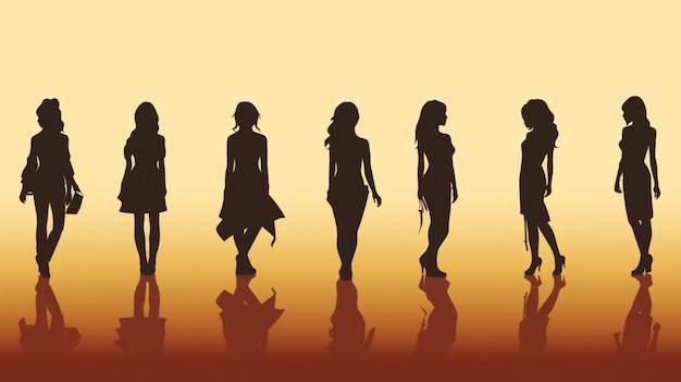 Vector silhouettes of girls in different poses on a yellow background