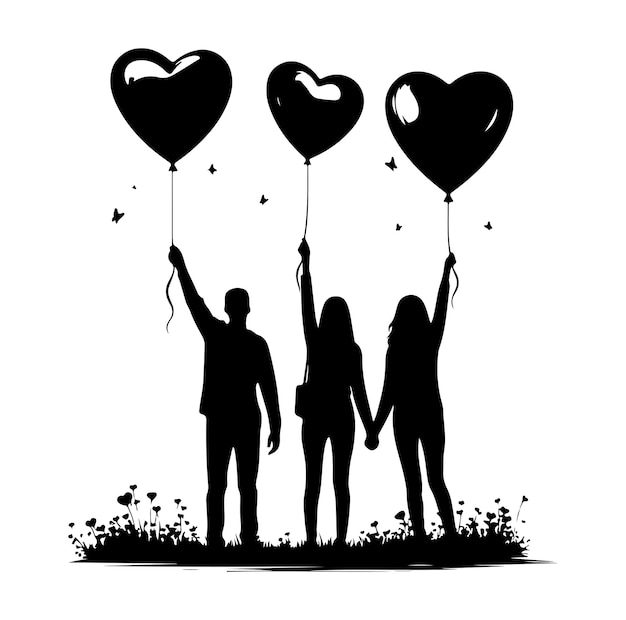 Silhouettes holding heart shaped balloons vector