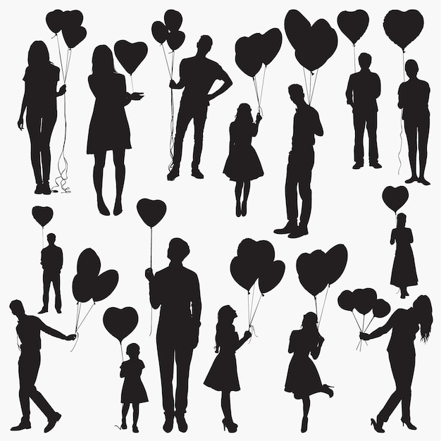 Silhouettes holding heart shaped balloons