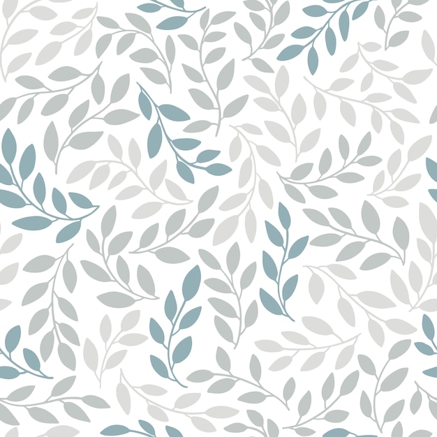 Silhouettes of identical leaves seamless pattern. hand drawn illustration in simple scandinavian doodle cartoon style. Isolated gray-blue branches on a white background