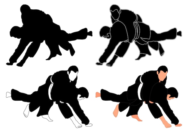 Silhouettes judoist judoka fighter in a duel fight judo sport martial art sport silhouettes pack