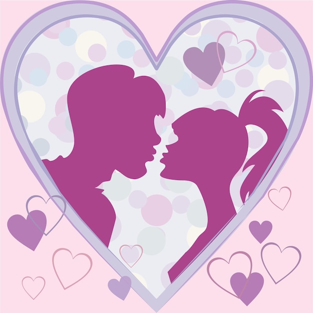 Silhouettes kiss a girl and a guy in a frame of hearts