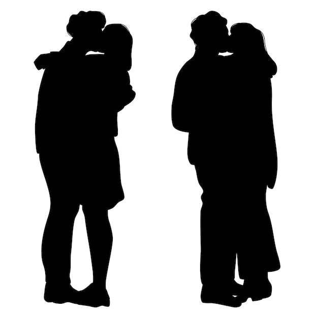 Silhouettes of kissing couples. Men and women embracing outline. Romantic lovers hugging.