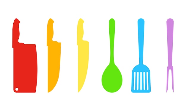 Silhouettes of kitchen accessories. Vector illustration. Set of colored kitchen tools, isolated