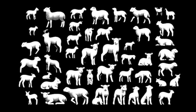 Vector silhouettes of lambs on black