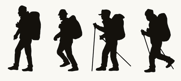 Silhouettes of male hikers with backpacks in vintage style isolated