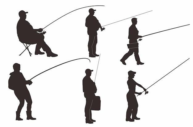 Vector silhouettes of a man with a fishing rod