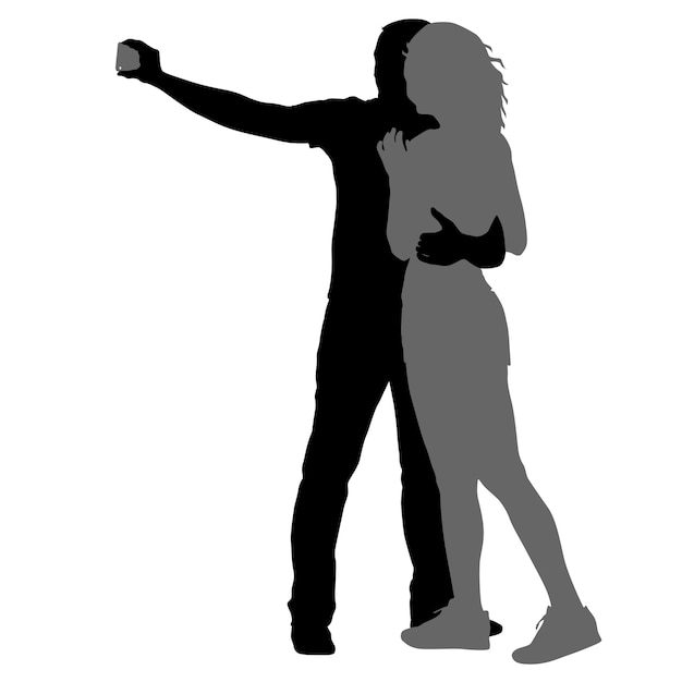 Силуэты мужчины и женщины, делающие селфи со смартфоном на белом фоне Векторная иллюстрация