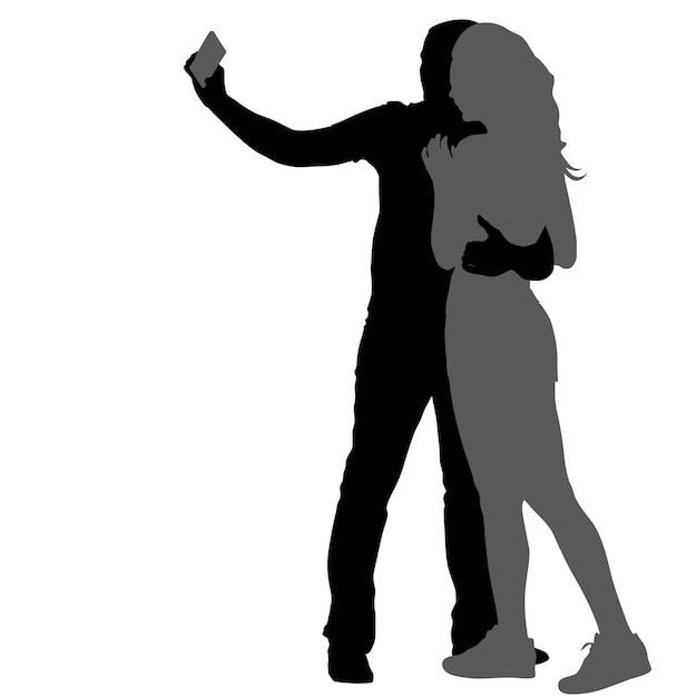 Vector silhouettes man and woman taking selfie with smartphone on white background vector illustration