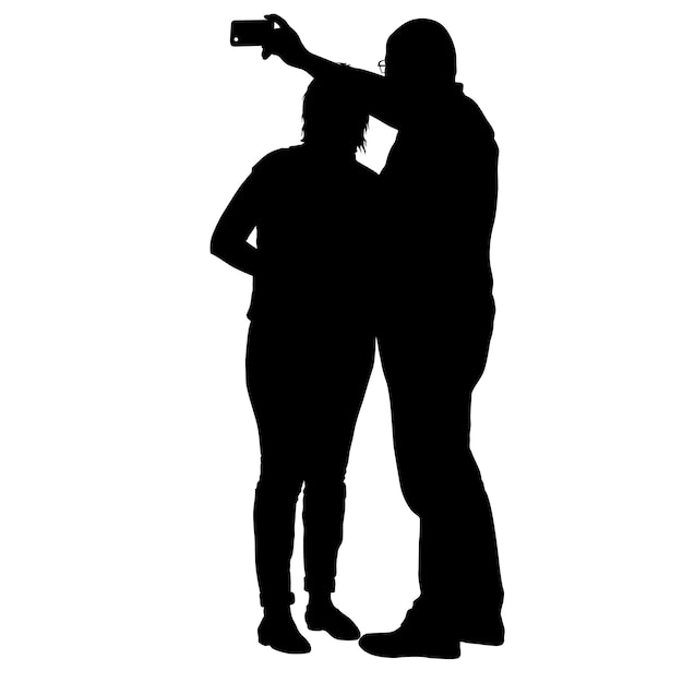 Vector silhouettes man and woman taking selfie with smartphone on white background