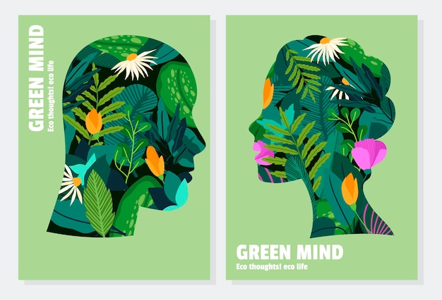 Vector silhouettes of man and woman, with flowers and vegetation inside them. green thinking concept, card