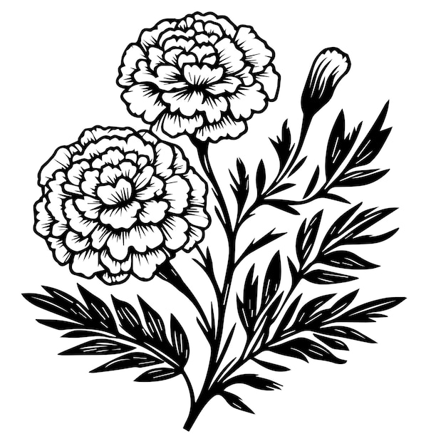 Silhouettes of marigold flowers black lines on a white background design for logo flyer brand book