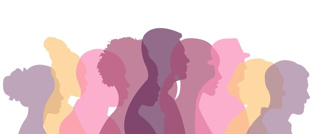 Vector silhouettes of men and women of different nationalities standing side by sidevector illustration
