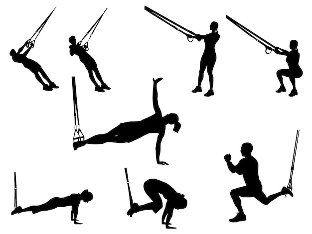 Vector silhouettes of men and women doing trx exercises with ropes isolated on white background