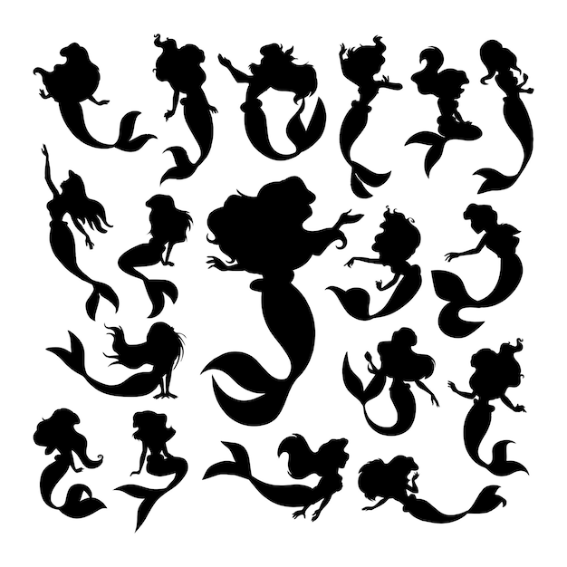 Silhouettes of mermaids and mermaids on a white background