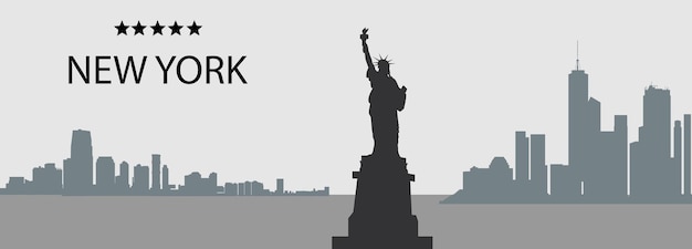 뉴욕시, 미국, 고층 빌딩 및 자유의 여신상 벡터 파노라마의 실루엣이 회색과 검정색으로 표시됩니다.
