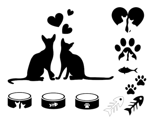 Силуэты кошек, аксессуары, миски, еда, рыба, логотипы, пара кошек. отпечатки кошачьих лап.