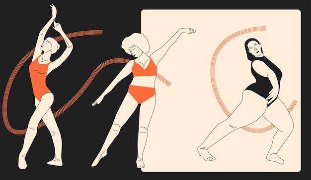 Силуэты танцоров в разных позах. векторная иллюстрация. нарисованный от руки