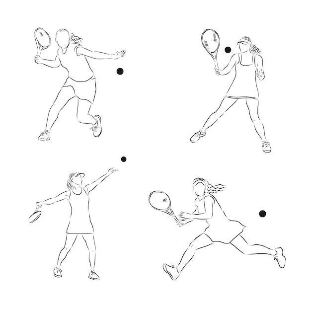 테니스 선수, 테니스 선수, 론 테니스, 벡터 스케치 그림의 실루엣