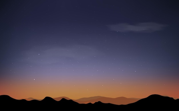 パノラマの山のシルエットが星の景色を眺めている