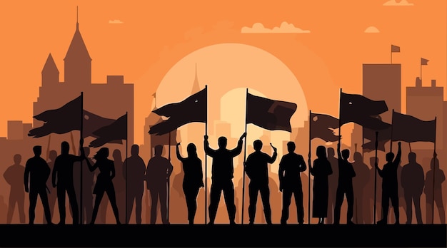 Silhouettes of people demonstrations flat cartoon background Vector illustration