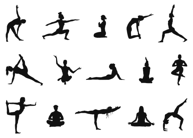 silhouettes of people doing yoga full vector