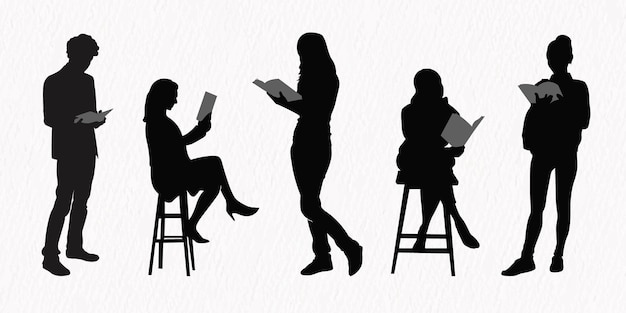 Vector silhouettes of people reading books standing sitting and lying vector illustration