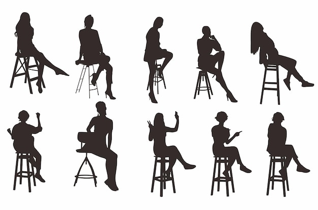 Silhouettes of people sitting on a stools