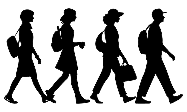 silhouettes of people walking with bags and backpacks