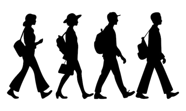 silhouettes of people walking with bags