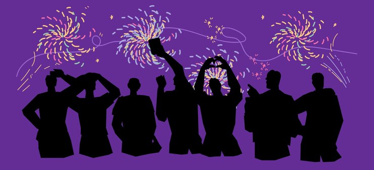 Vector silhouettes of people watching fireworks against the dark sky vector isolated
