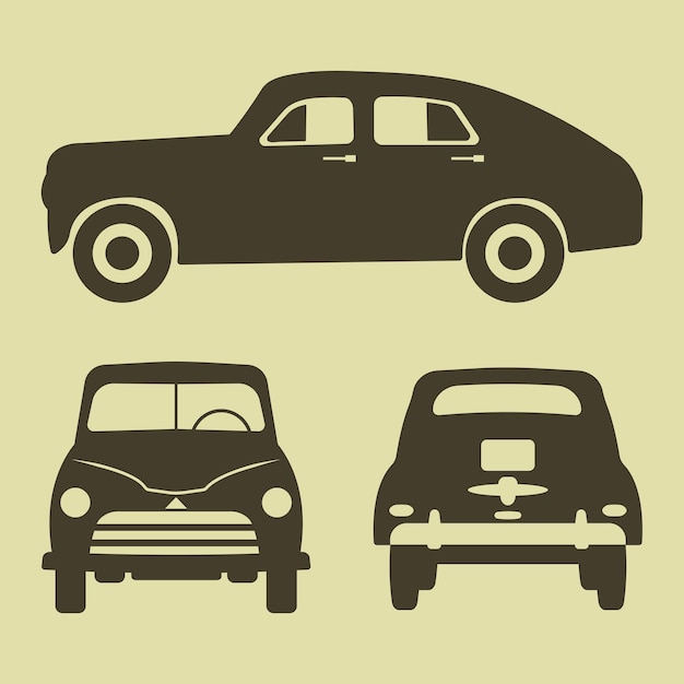 Silhouettes of retro car, front, back and side view