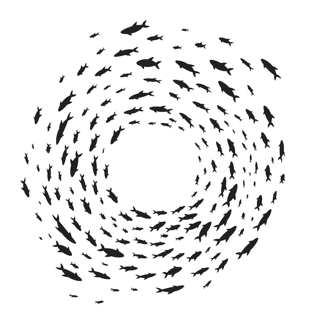 Silhouettes school of fish with marine life of various sizes swimming fish in the circle flat style