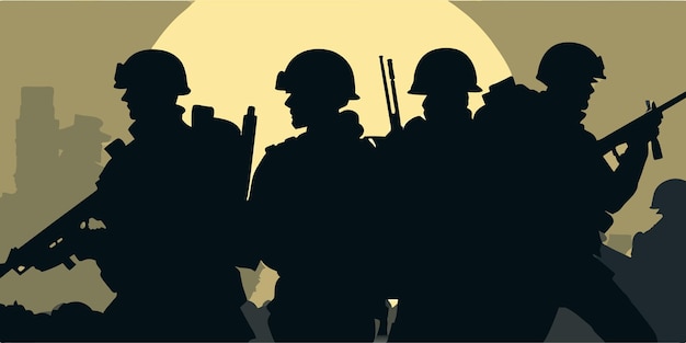 Vector silhouettes of soldiers at dawn