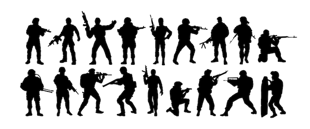 Silhouettes of soldiers Special forces armed military A soldier stands guard Rangers