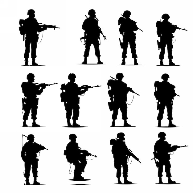 Vector silhouettes of soldiers with guns and backpacks