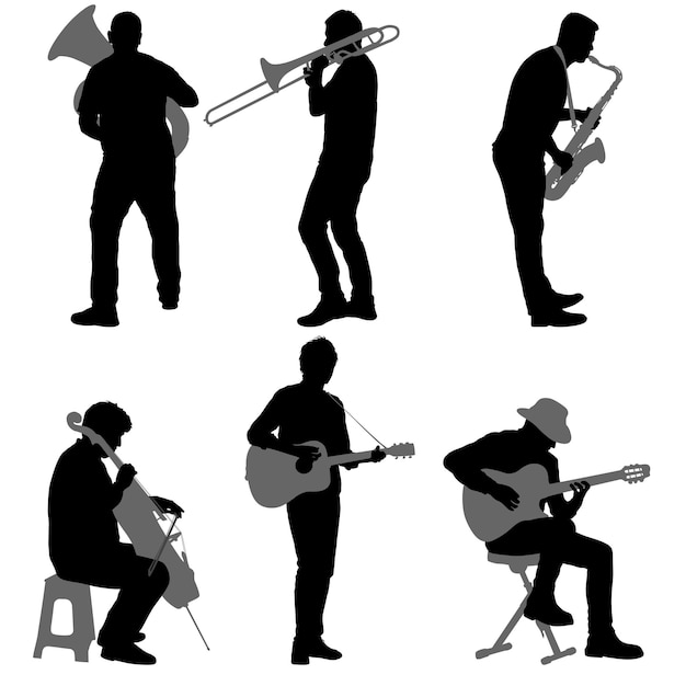 Vector silhouettes street musicians playing instruments on a white background