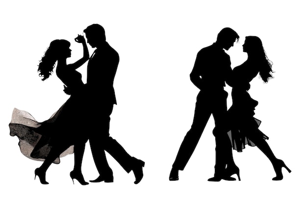 Silhouettes of two people dancing in a black and white photo.