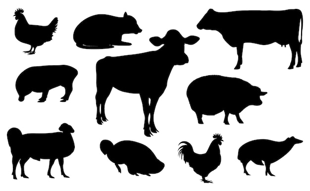 白い背景に様々な農場の動物のシルエット