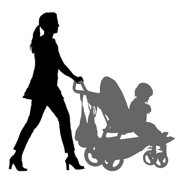 Silhouettes walkings mothers with baby strollers on white background