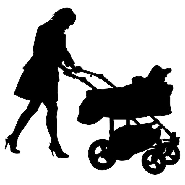 Silhouettes walkings mothers with baby strollers on a white background