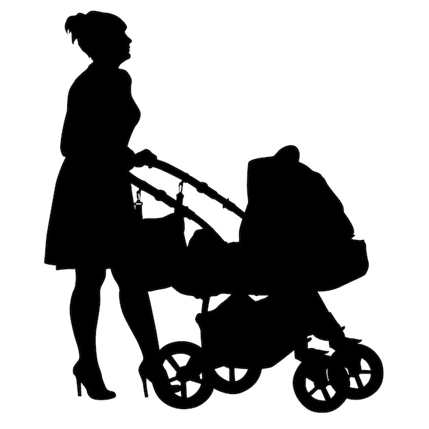 Vector silhouettes walkings mothers with baby strollers on a white background