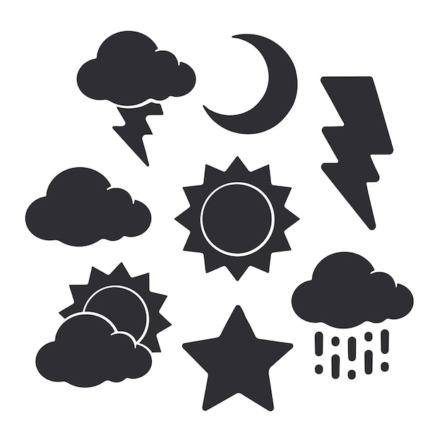 Silhouettes of weather symbols Vector illustration set of sun crescent star cloud lightning