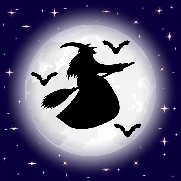 Силуэты ведьм и летучих мышей на фоне луны