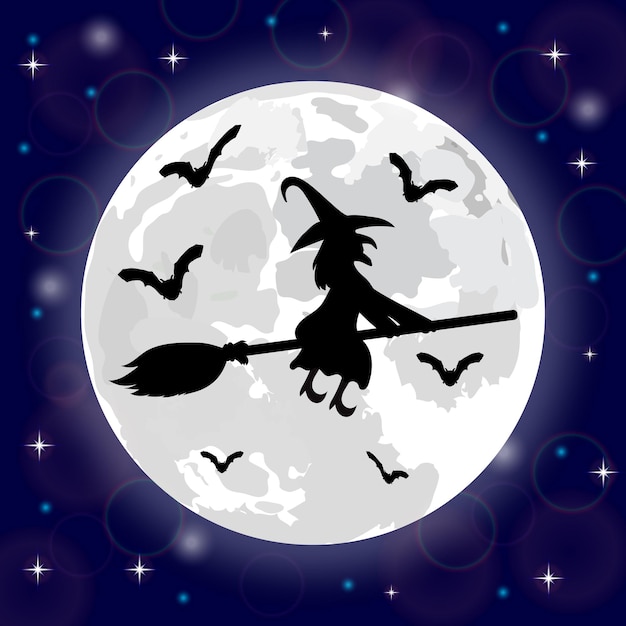Vector silhouettes of witches and bats on a background of the moon
