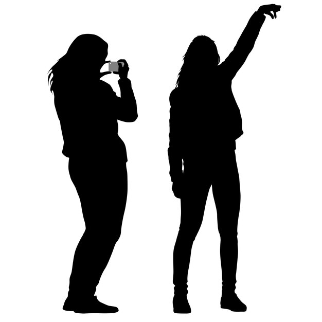 Vector silhouettes woman taking selfie with smartphone on white background