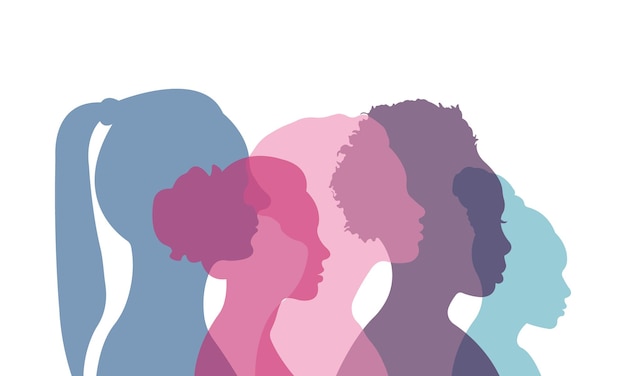 Vector silhouettes of women of different nationalities standing side by sidevector illustration