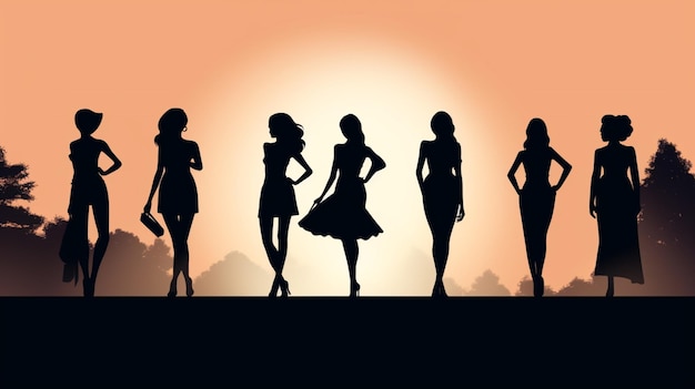 Vector silhouettes of women standing in front of a sunset