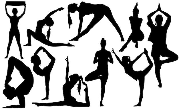 Silhouettes of women in various yoga pose meditation